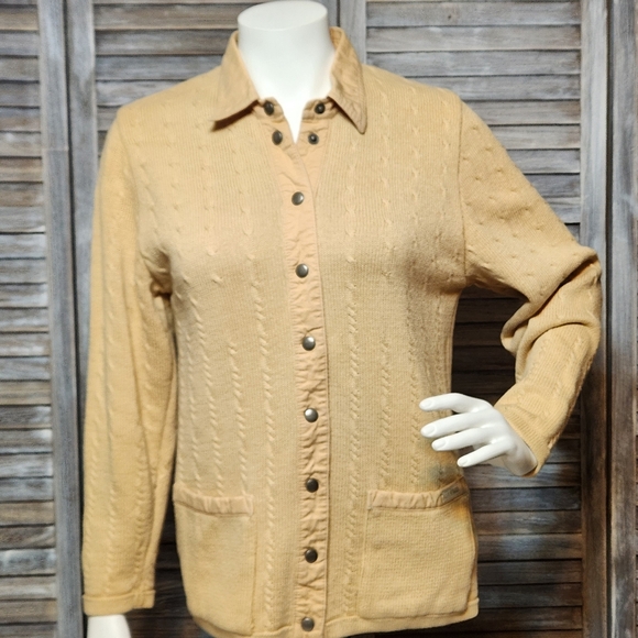 Blue Willi's of Denmark Snap Up Knit Cardigan Denim Collar Creamy Tan Small - Picture 2 of 11